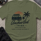 Home is Where We Park it T-Shirt in Military Green, front view.