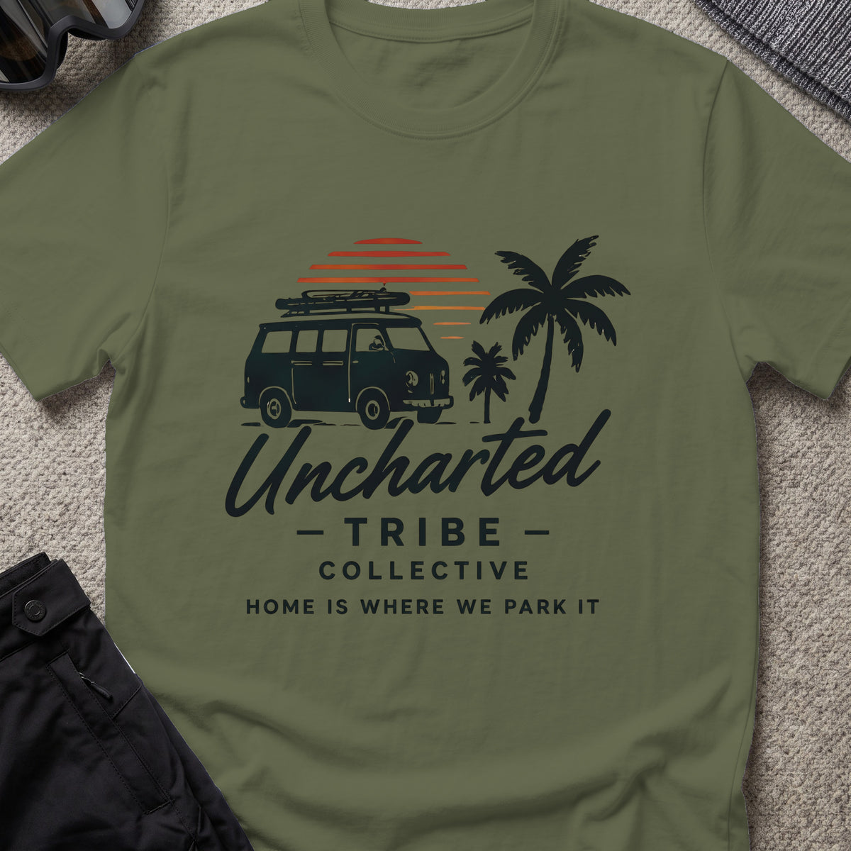 Home is Where We Park it T-Shirt in Military Green, front view.