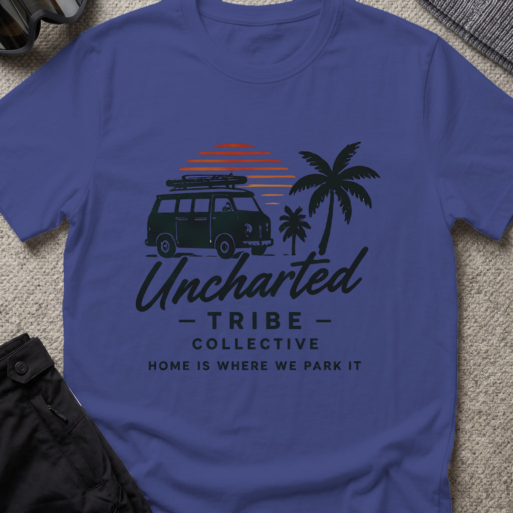 Home is Where We Park it T-Shirt in Metro Blue, front view.