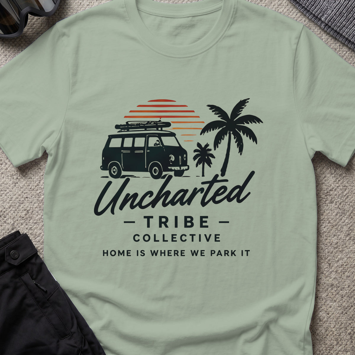Home is Where We Park it T-Shirt in Sage, front view.