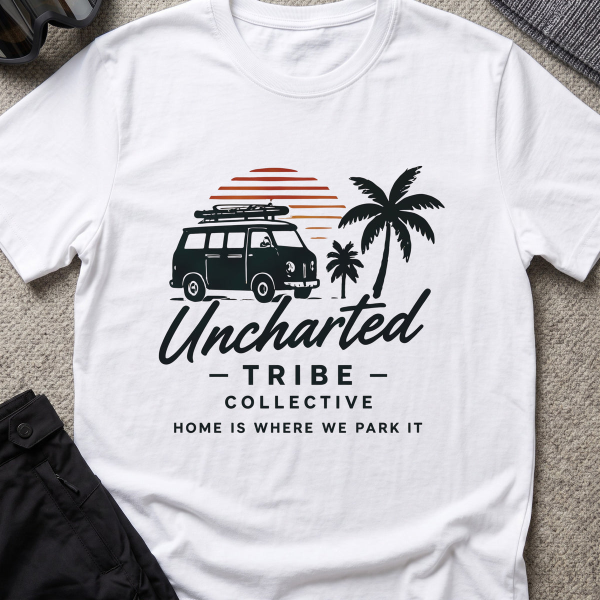 Home is Where We Park it T-Shirt in White, front view.