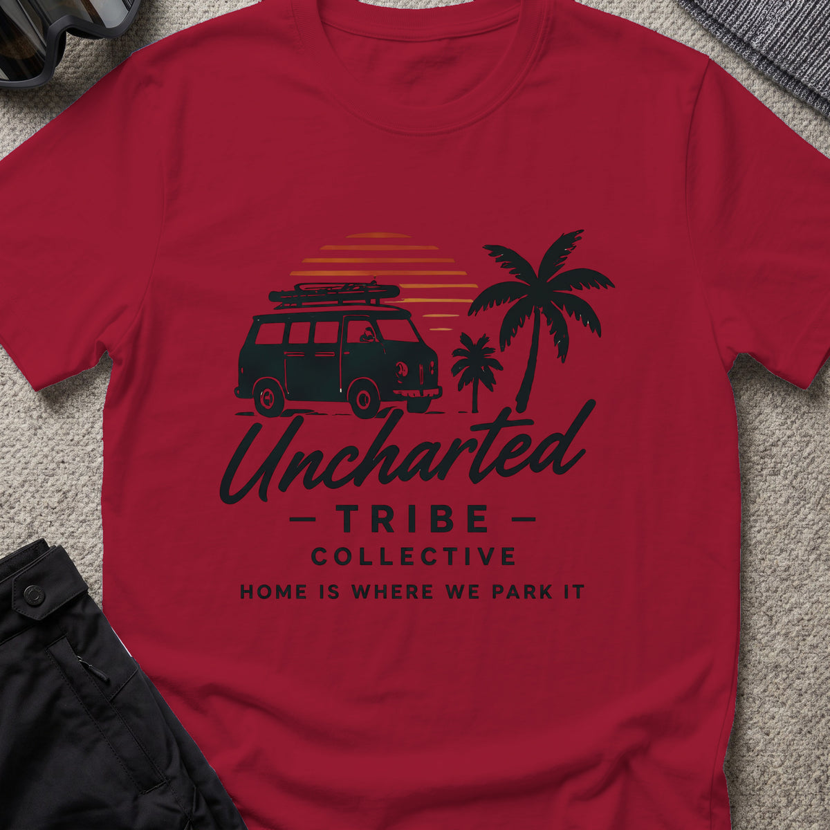 Home is Where We Park it T-Shirt in Cardinal Red, front view.