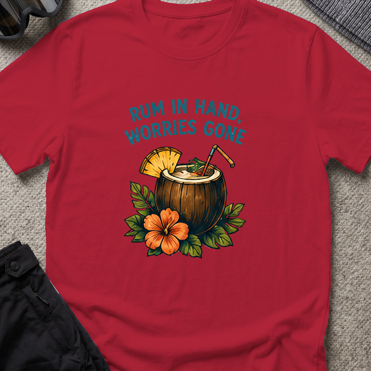 Rum in Hand, Worries Gone T-Shirt in Antique Cherry Red, front view.