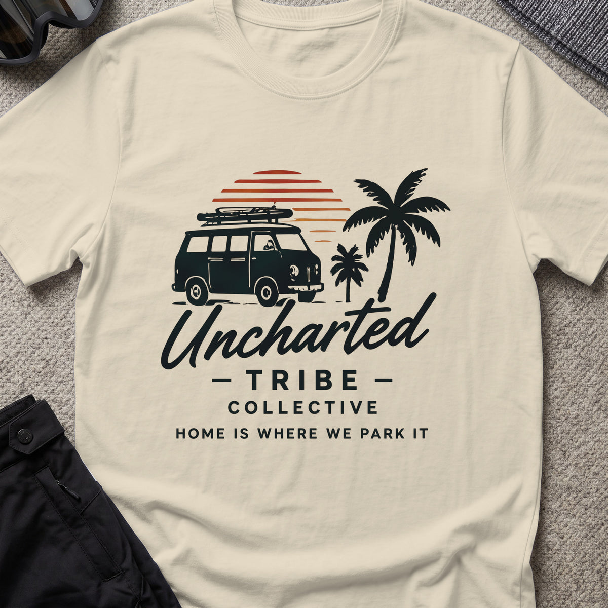 Home is Where We Park it T-Shirt in Sand, front view.