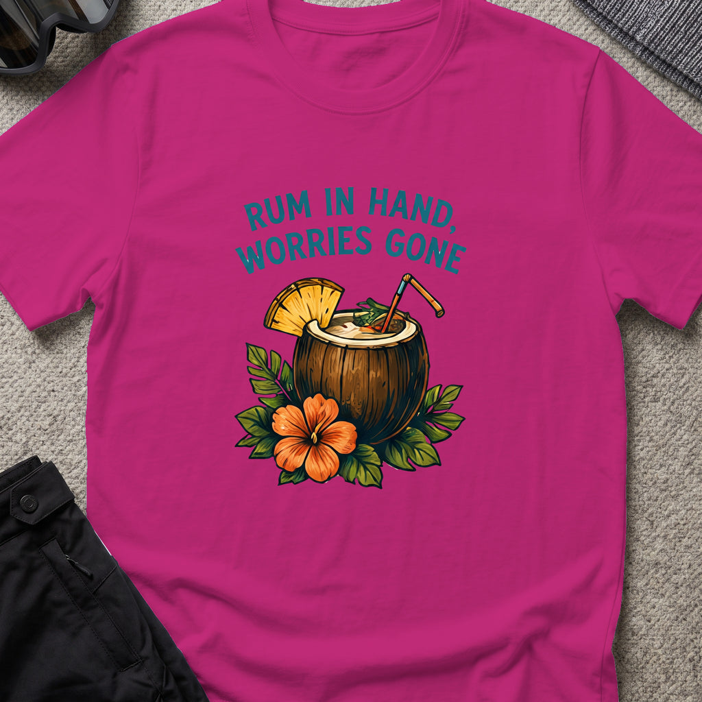 Rum in Hand, Worries Gone T-Shirt in Antique Heliconia, front view.