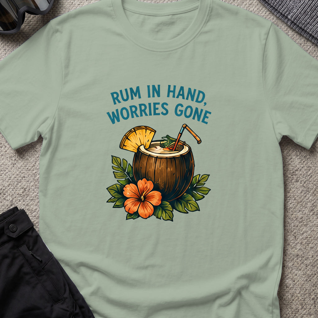 Rum in Hand, Worries Gone T-Shirt in Sage, front view.
