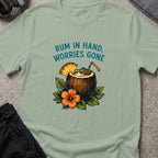 Rum in Hand, Worries Gone T-Shirt in Sage, front view.