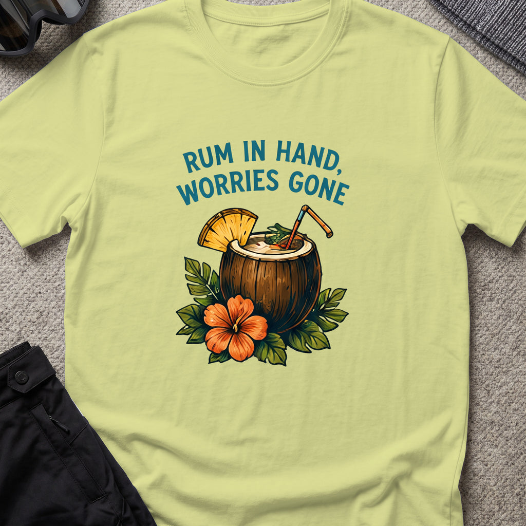 Rum in Hand, Worries Gone T-Shirt in Pistachio, front view.