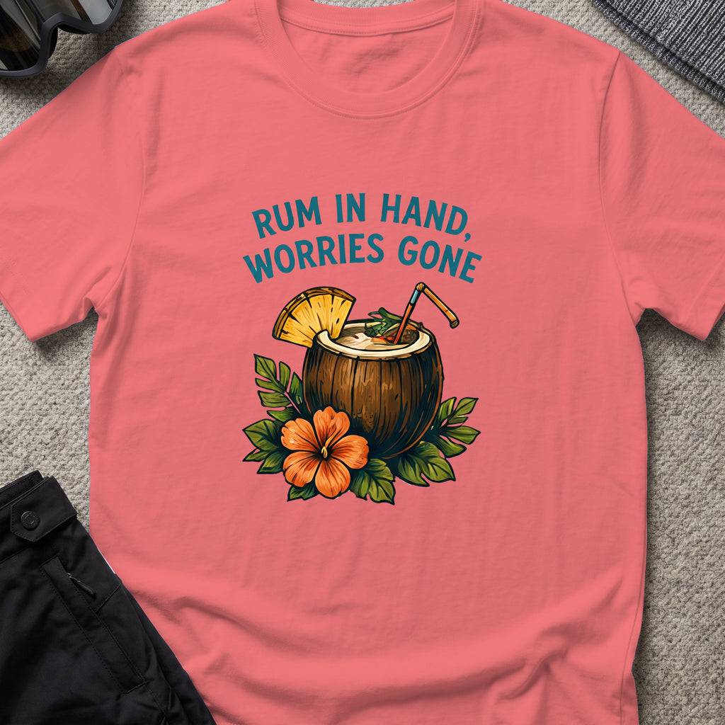 Rum in Hand, Worries Gone T-Shirt in Coral Silk, front view.