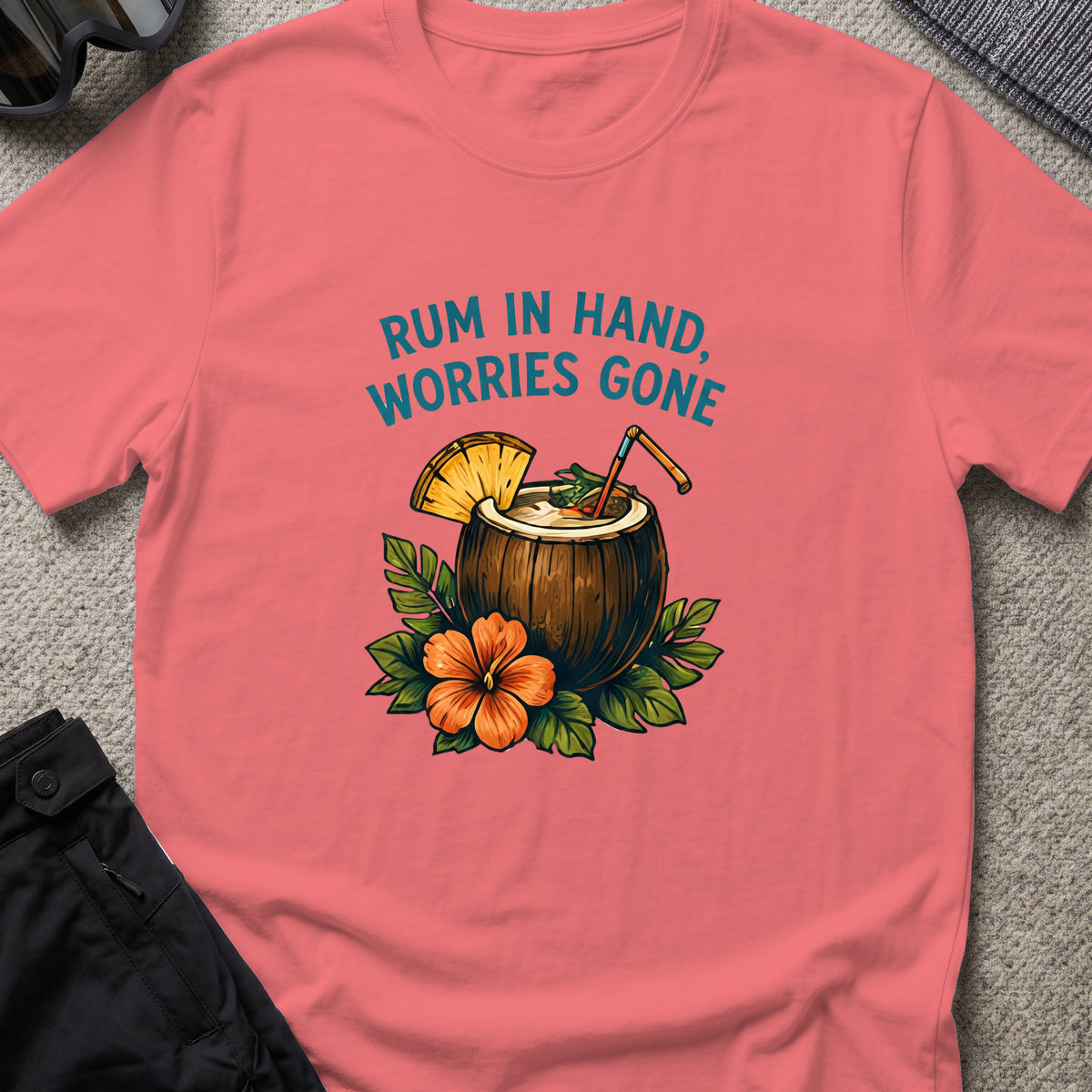 Rum in Hand, Worries Gone T-Shirt in Coral Silk, front view.
