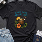 Rum in Hand, Worries Gone T-Shirt in Black, front view.