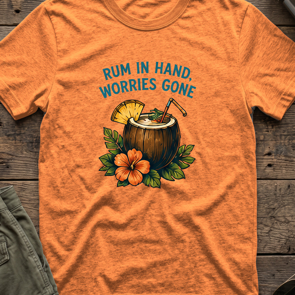 Rum in Hand, Worries Gone T-Shirt in Heather Orange, front view.