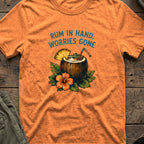 Rum in Hand, Worries Gone T-Shirt in Heather Orange, front view.