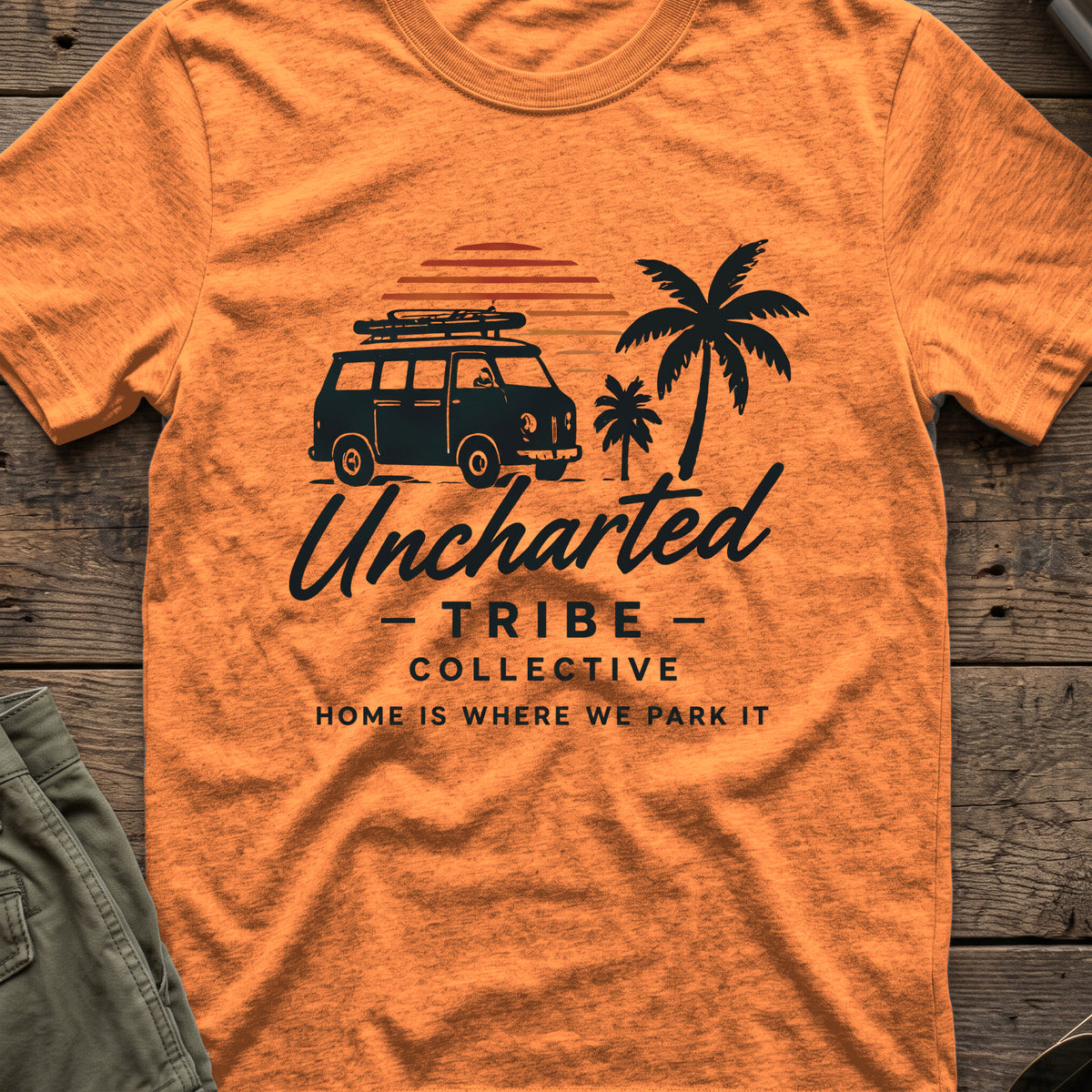 Home is Where We Park it T-Shirt in Heather Orange, front view.