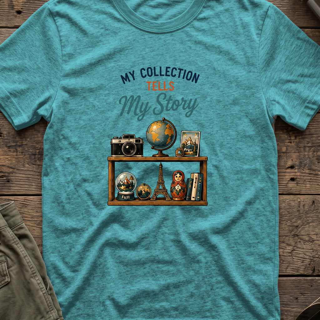 My Collection Tells My Story T-Shirt in Heather Galapagos Blue, front view.