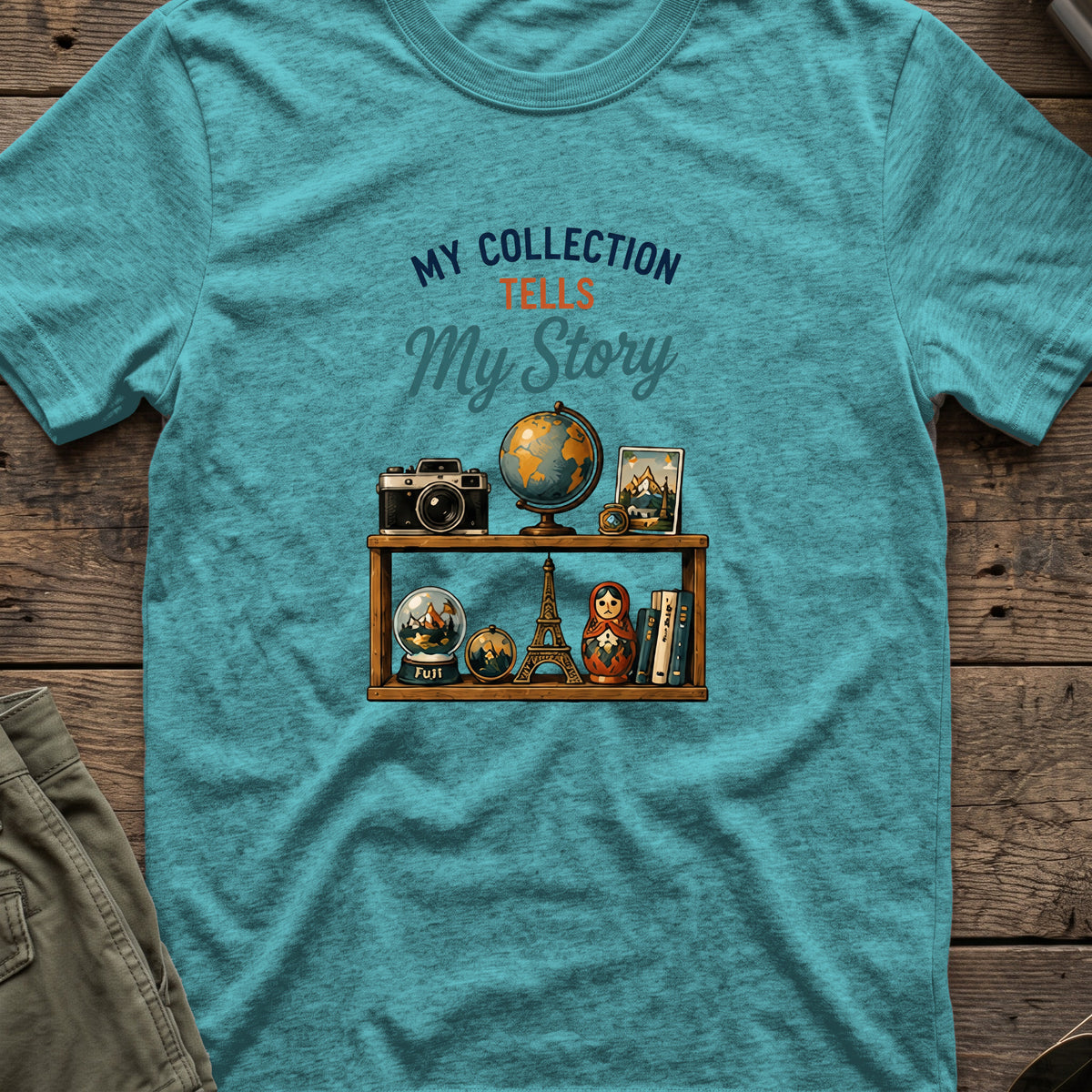 My Collection Tells My Story T-Shirt in Heather Galapagos Blue, front view.
