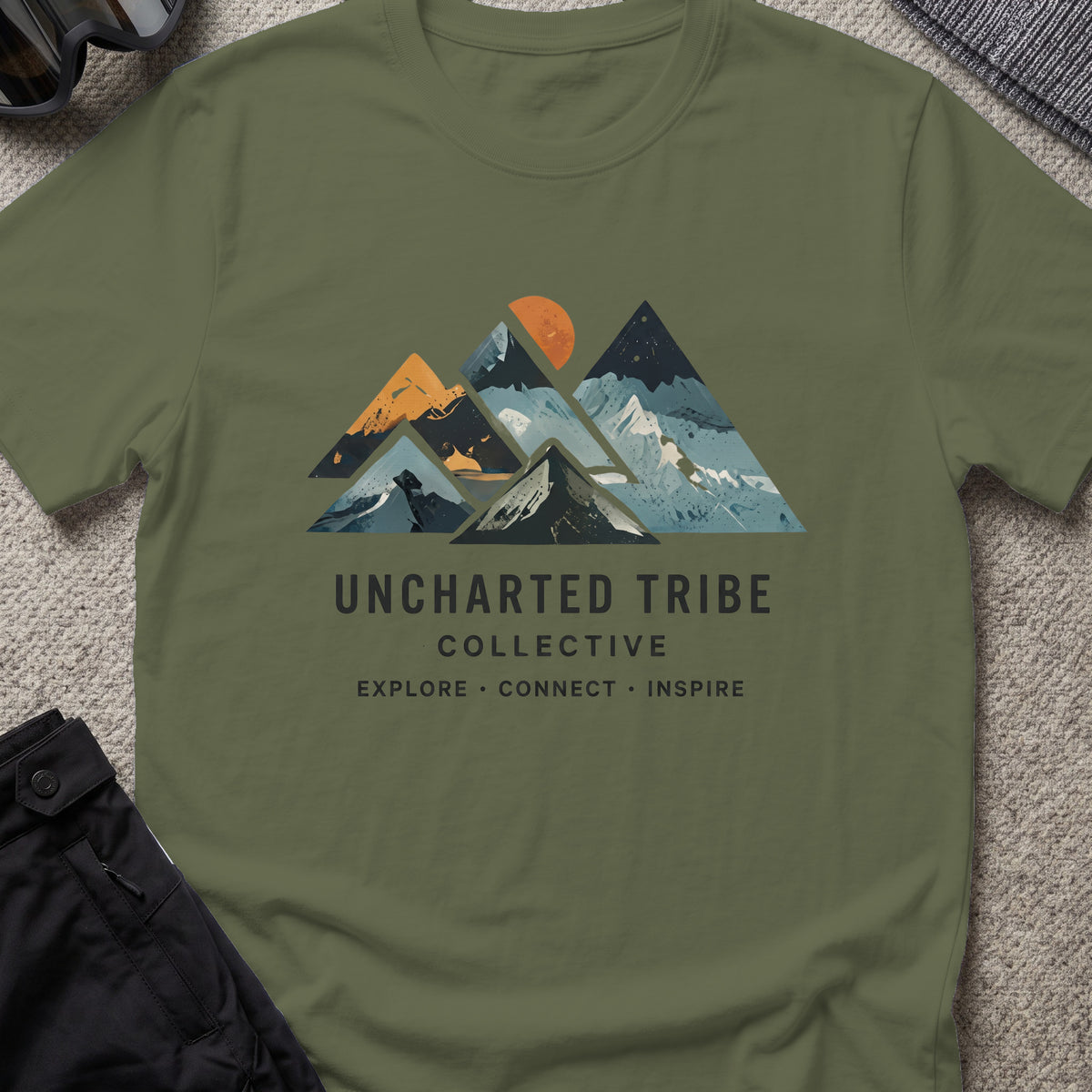 Connect and Inspire T-Shirt in Military Green, front view.