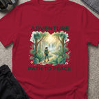 Adventure, Path to Peace T-Shirt in Cardinal Red, front view.