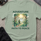 Adventure, Path to Peace T-Shirt in Sage, front view.