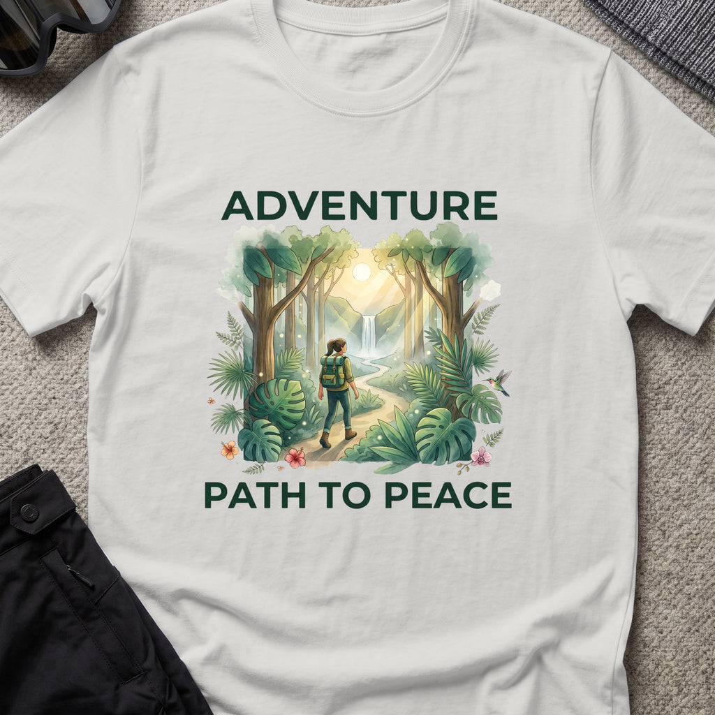 Adventure, Path to Peace T-Shirt in Ice Grey, front view.