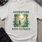 Adventure, Path to Peace T-Shirt in Ice Grey, front view.