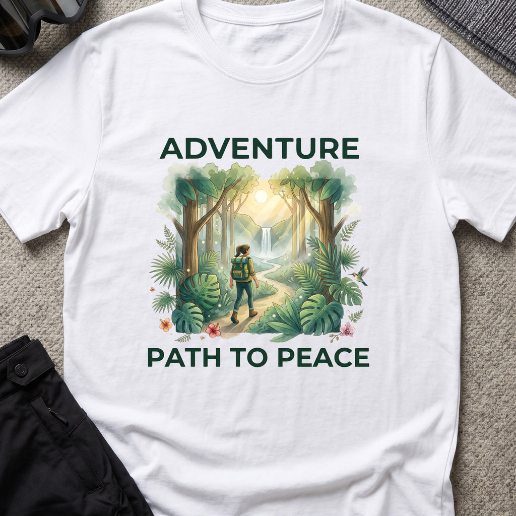 Adventure, Path to Peace T-Shirt in White, front view.