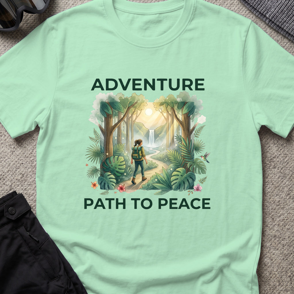 Adventure, Path to Peace T-Shirt in Mint Green, front view.