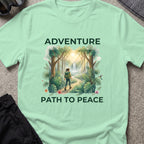 Adventure, Path to Peace T-Shirt in Mint Green, front view.