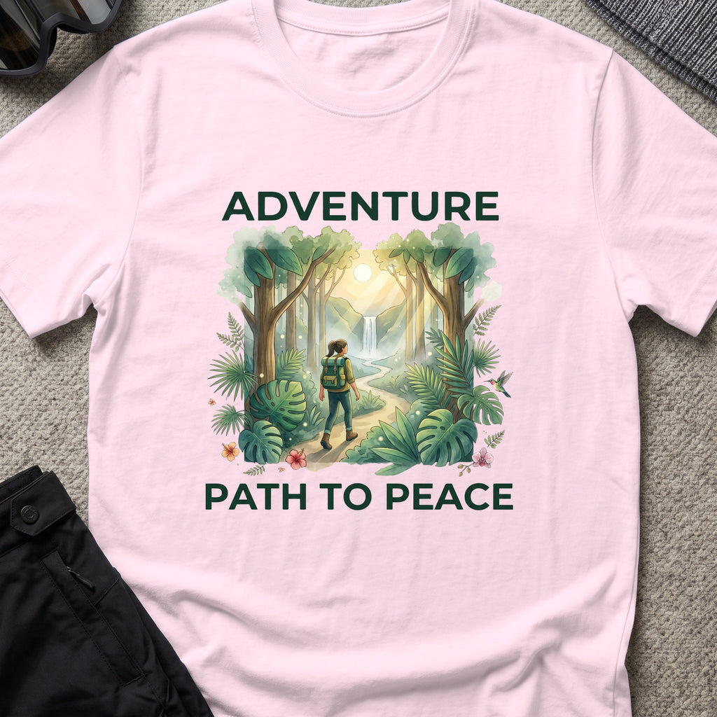 Adventure, Path to Peace T-Shirt in Light Pink, front view.