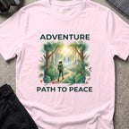 Adventure, Path to Peace T-Shirt in Light Pink, front view.