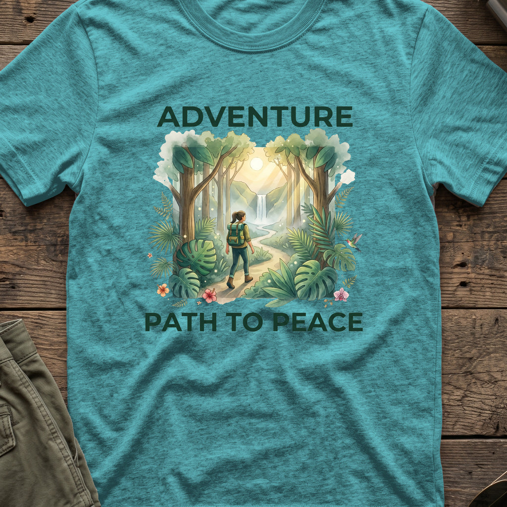 Adventure, Path to Peace T-Shirt in Heather Galapagos Blue, front view.