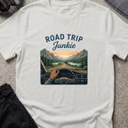 Road Trip Junkie T-Shirt in Ice Grey, front view.
