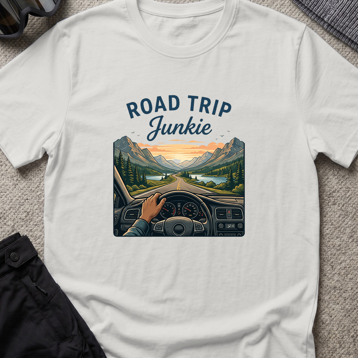 Road Trip Junkie T-Shirt in Ice Grey, front view.