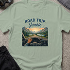 Road Trip Junkie T-Shirt in Sage, front view.