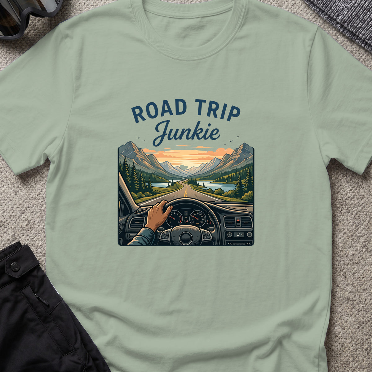 Road Trip Junkie T-Shirt in Sage, front view.
