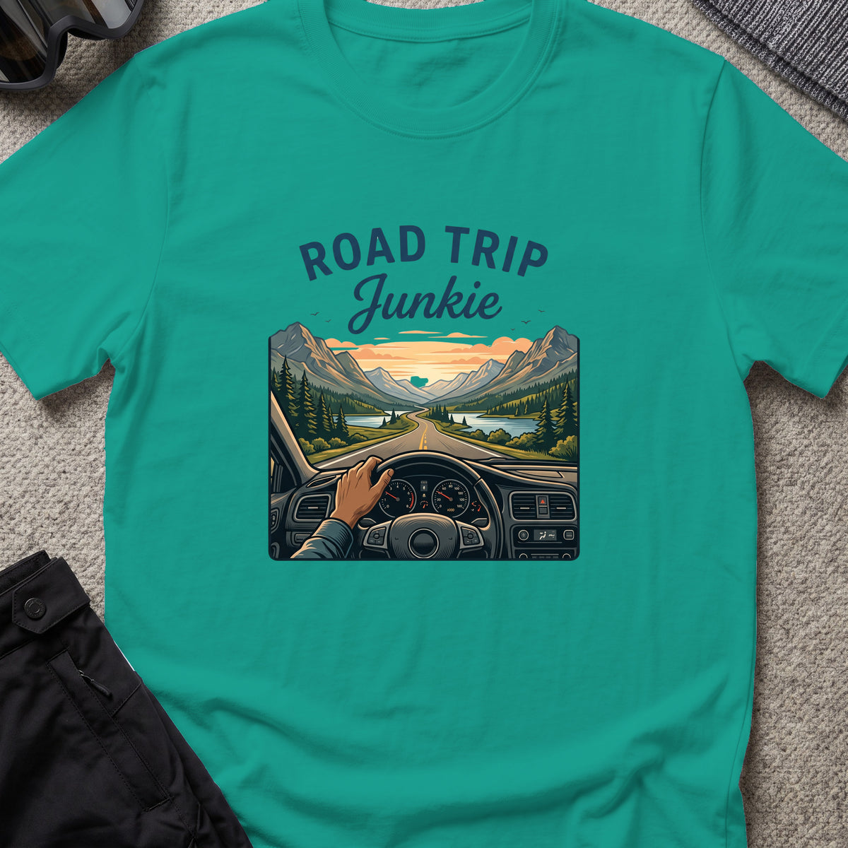 Road Trip Junkie T-Shirt in Jade Dome, front view.