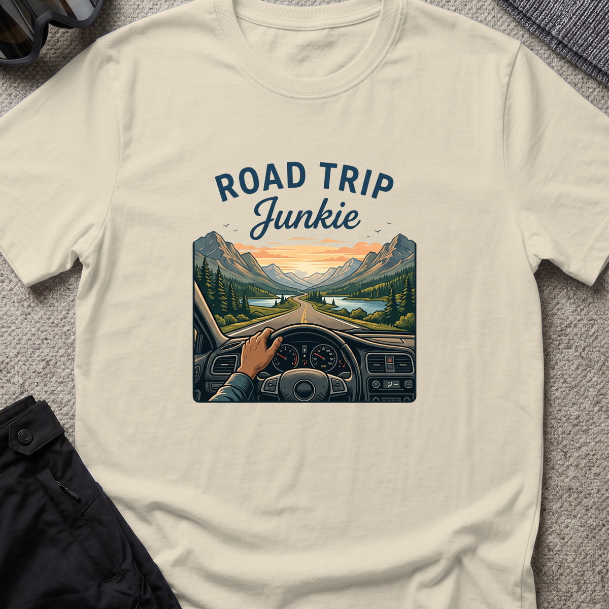 Road Trip Junkie T-Shirt in Sand, front view.