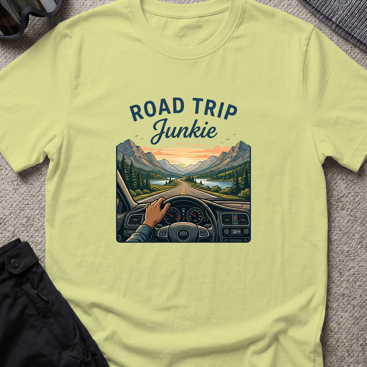 Road Trip Junkie T-Shirt in Pistachio, front view.