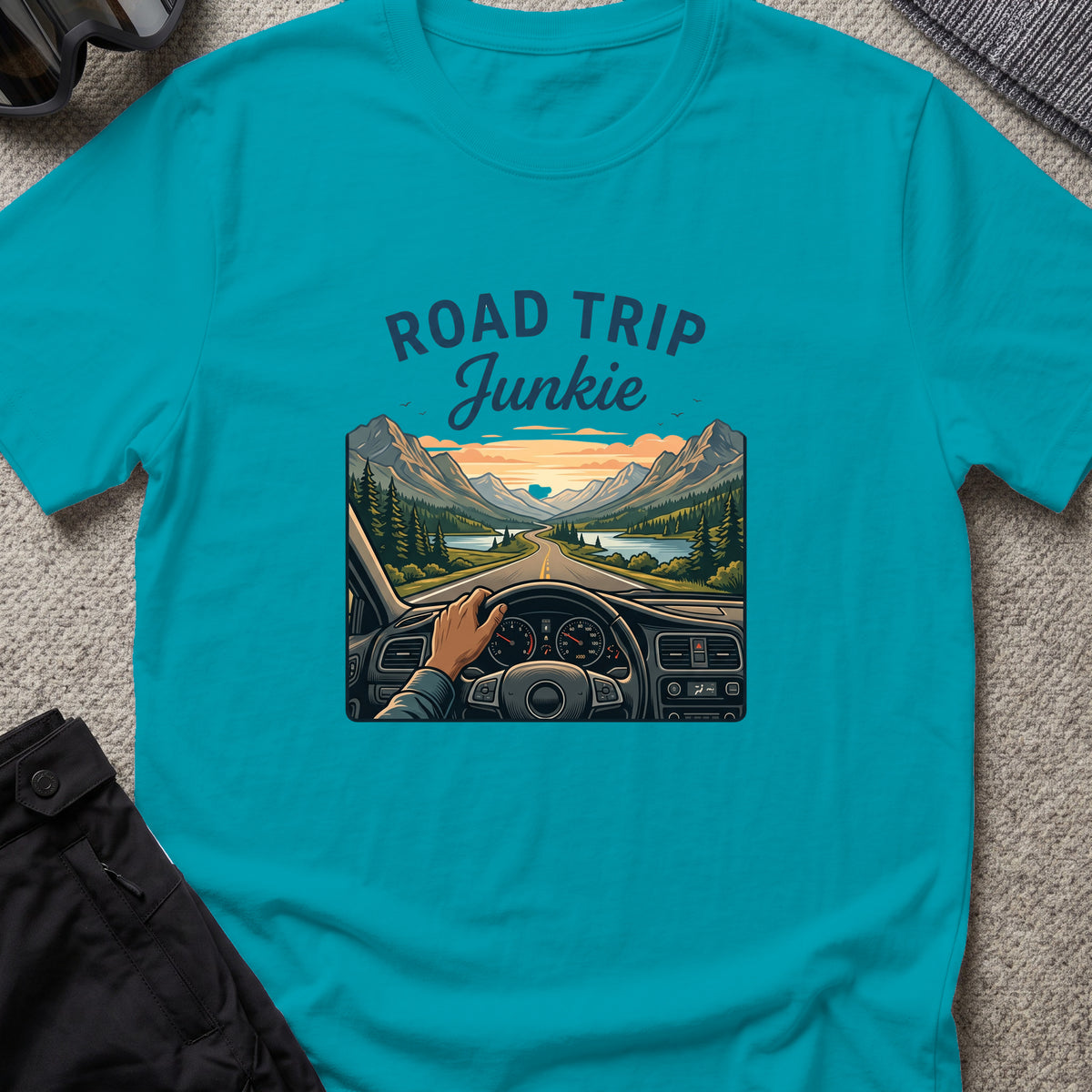 Road Trip Junkie T-Shirt in Tropical Blue, front view.