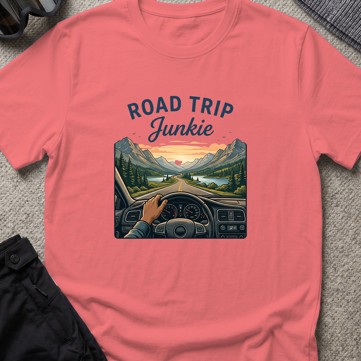 Road Trip Junkie T-Shirt in Coral Silk, front view.