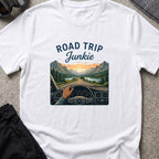 Road Trip Junkie T-Shirt in White, front view.