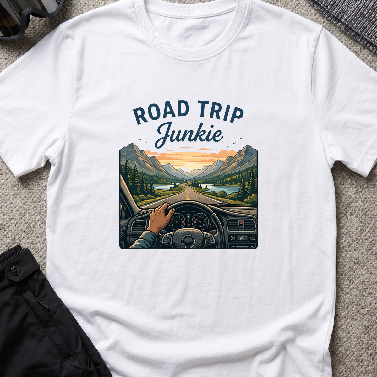 Road Trip Junkie T-Shirt in White, front view.