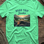 Road Trip Junkie T-Shirt in Heather Irish Green, front view.