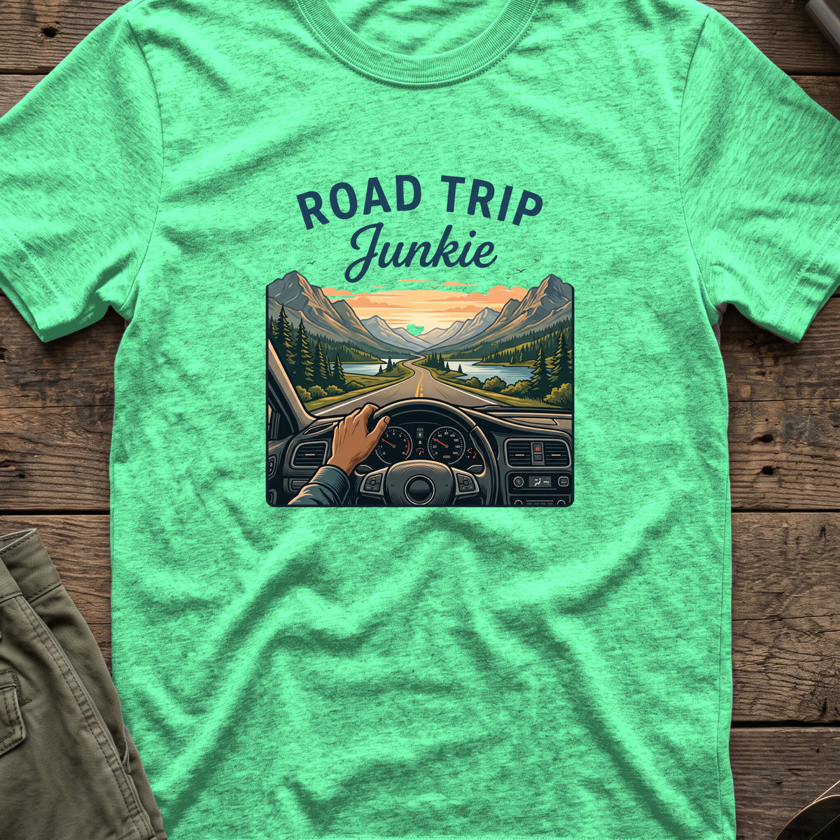 Road Trip Junkie T-Shirt in Heather Irish Green, front view.