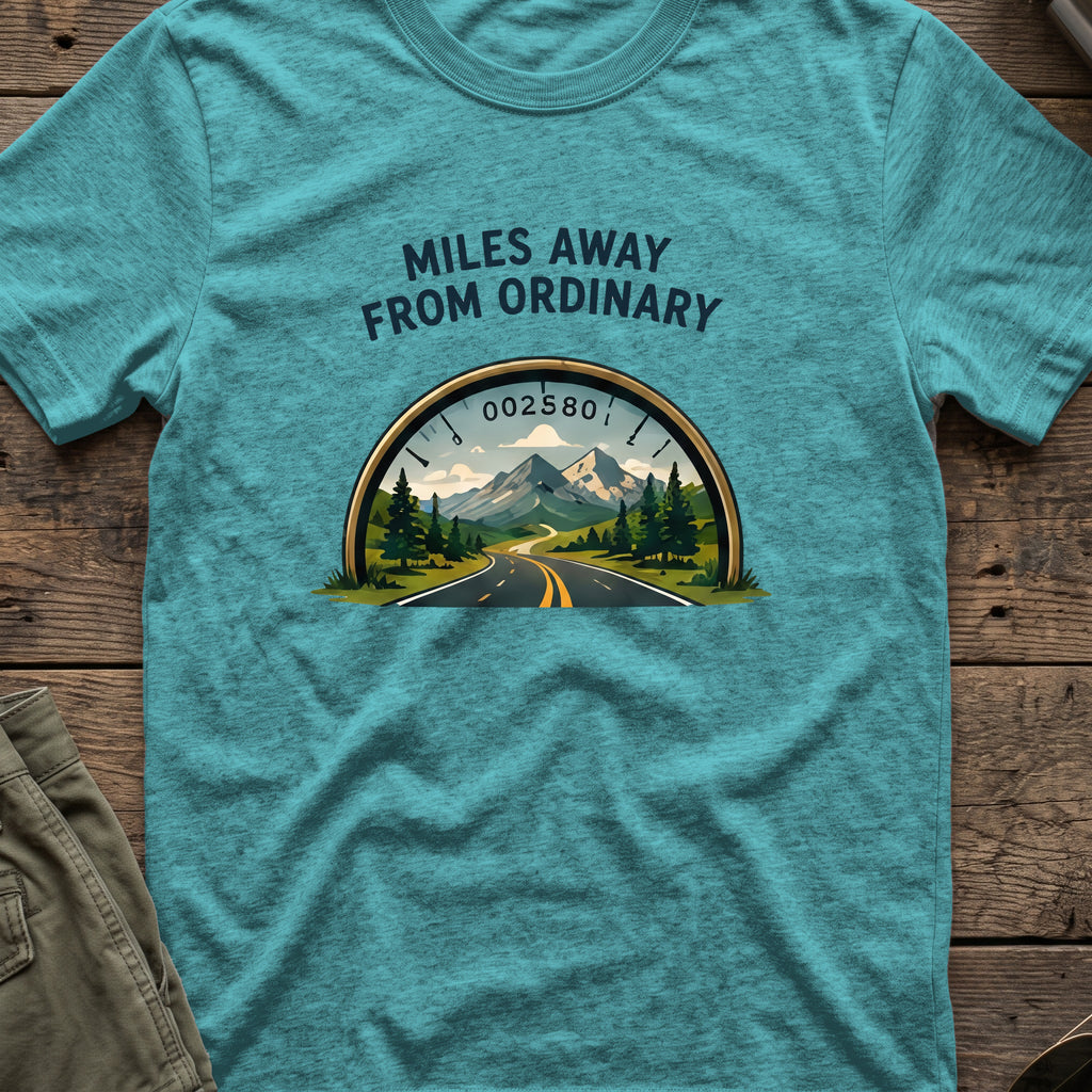 Miles Away From Ordinary T-Shirt in Heather Galapagos Blue, front view.