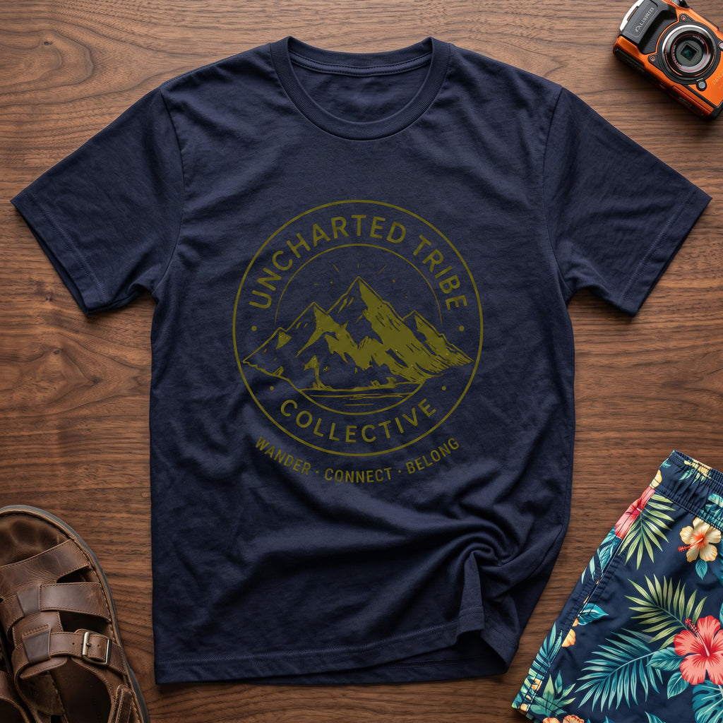 Uncharted Tribe Collective T-Shirt — Mountain Seal in Navy, front view.