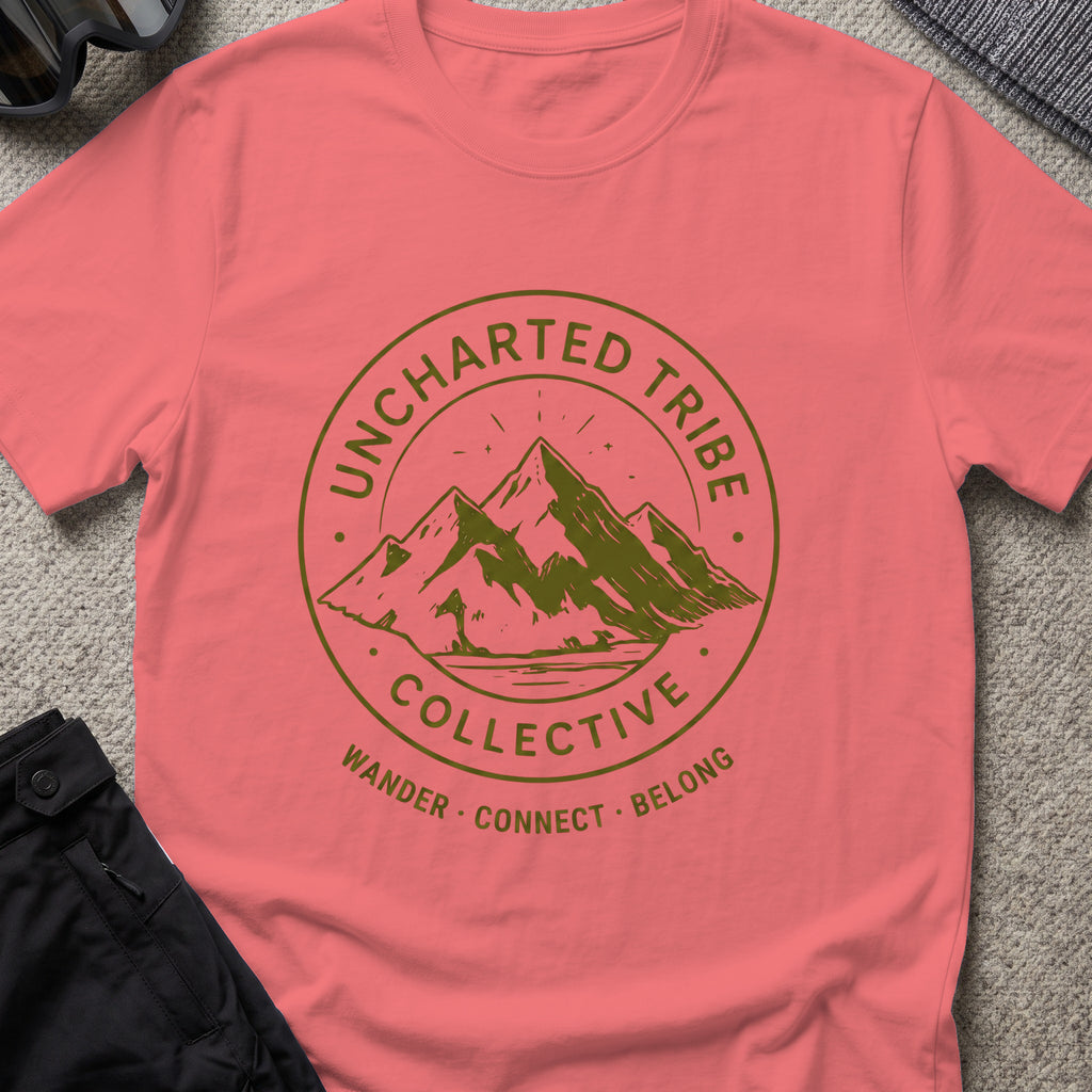 Uncharted Tribe Collective T-Shirt — Mountain Seal in Coral Silk, front view.
