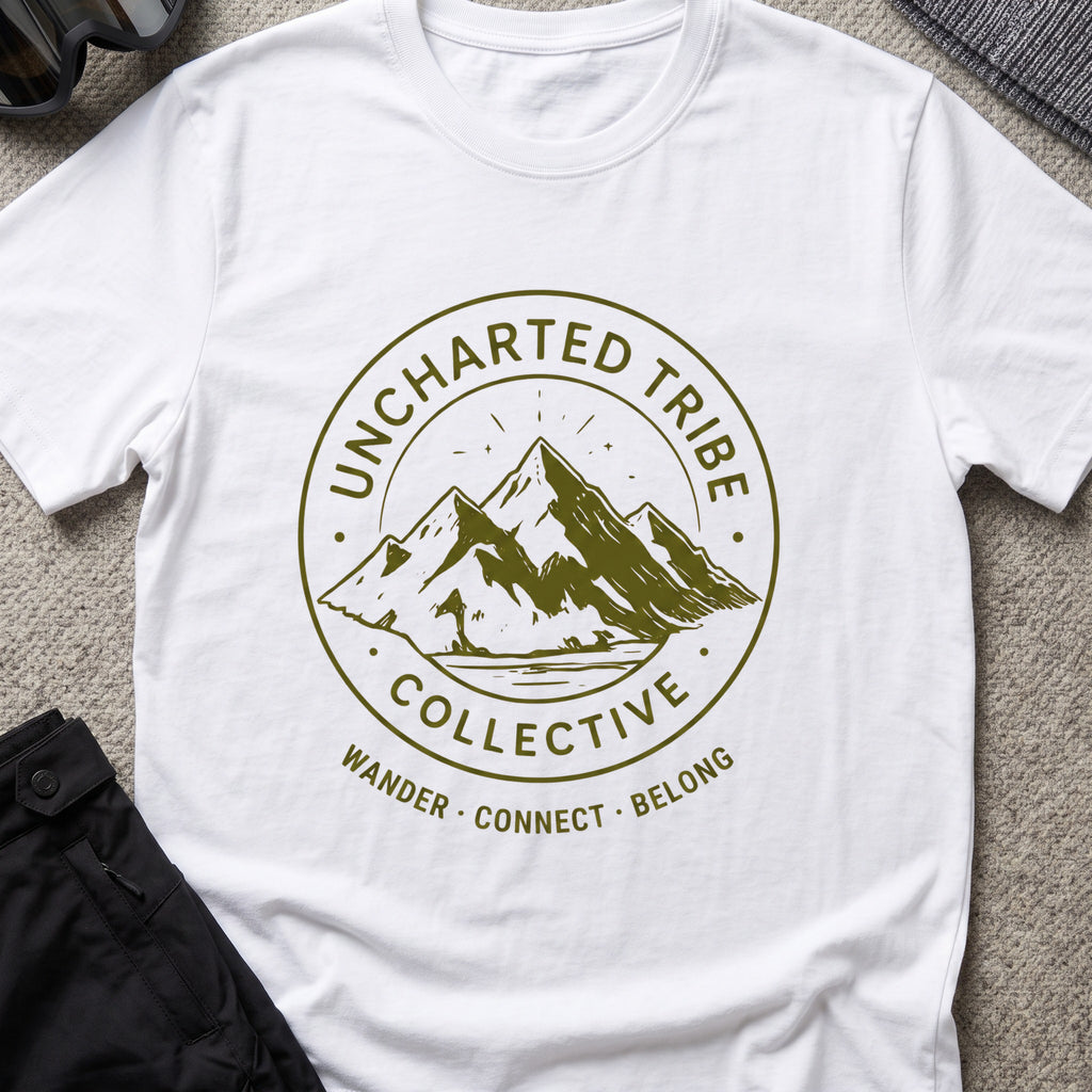 Uncharted Tribe Collective T-Shirt — Mountain Seal in White, front view.