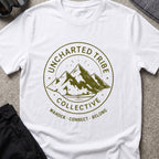 Uncharted Tribe Collective T-Shirt — Mountain Seal in White, front view.