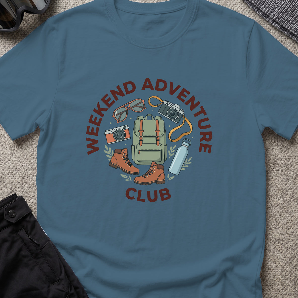 Weekend Adventure Club T-Shirt in Indigo Blue, front view.